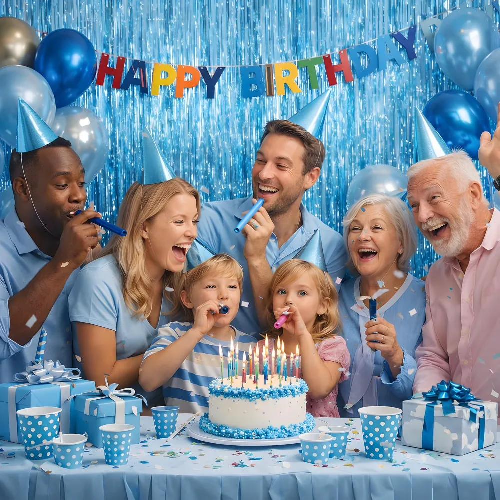 Pool Party Decorations Blue Tinsel Streamers Backdrop Banner, view 6