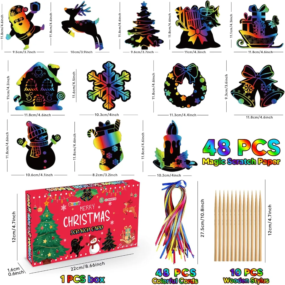 Stocking Stuffers 48 PCS Rainbow Scratch Paper Cards Set, view 2