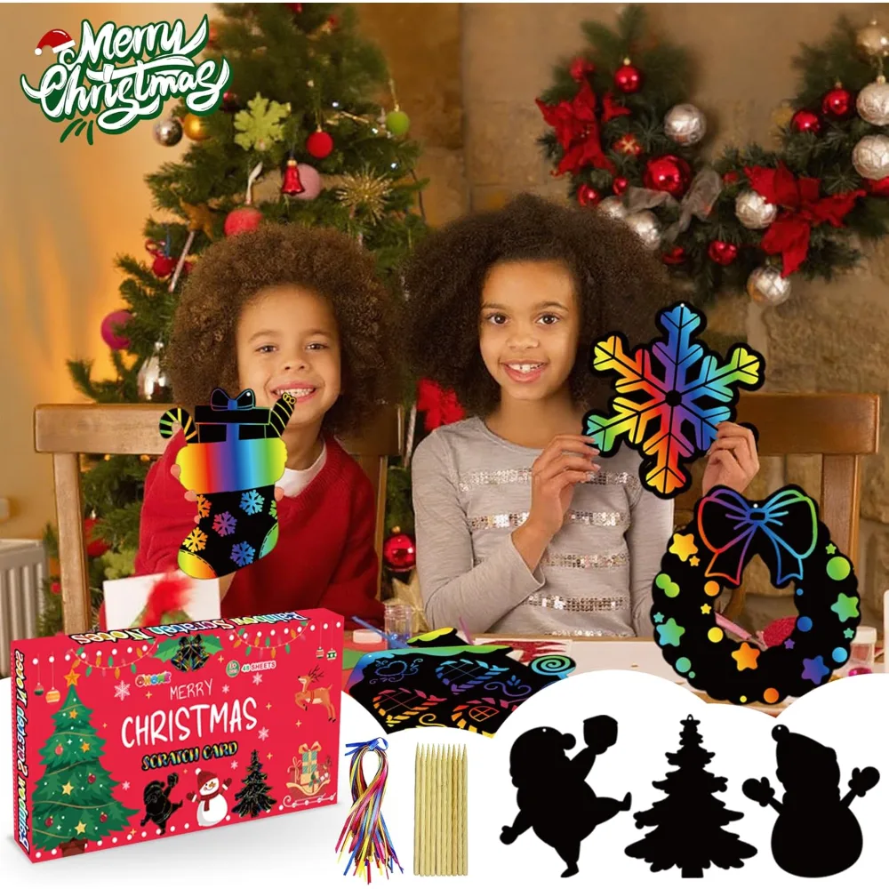 Stocking Stuffers 48 PCS Rainbow Scratch Paper Cards Set, view 6