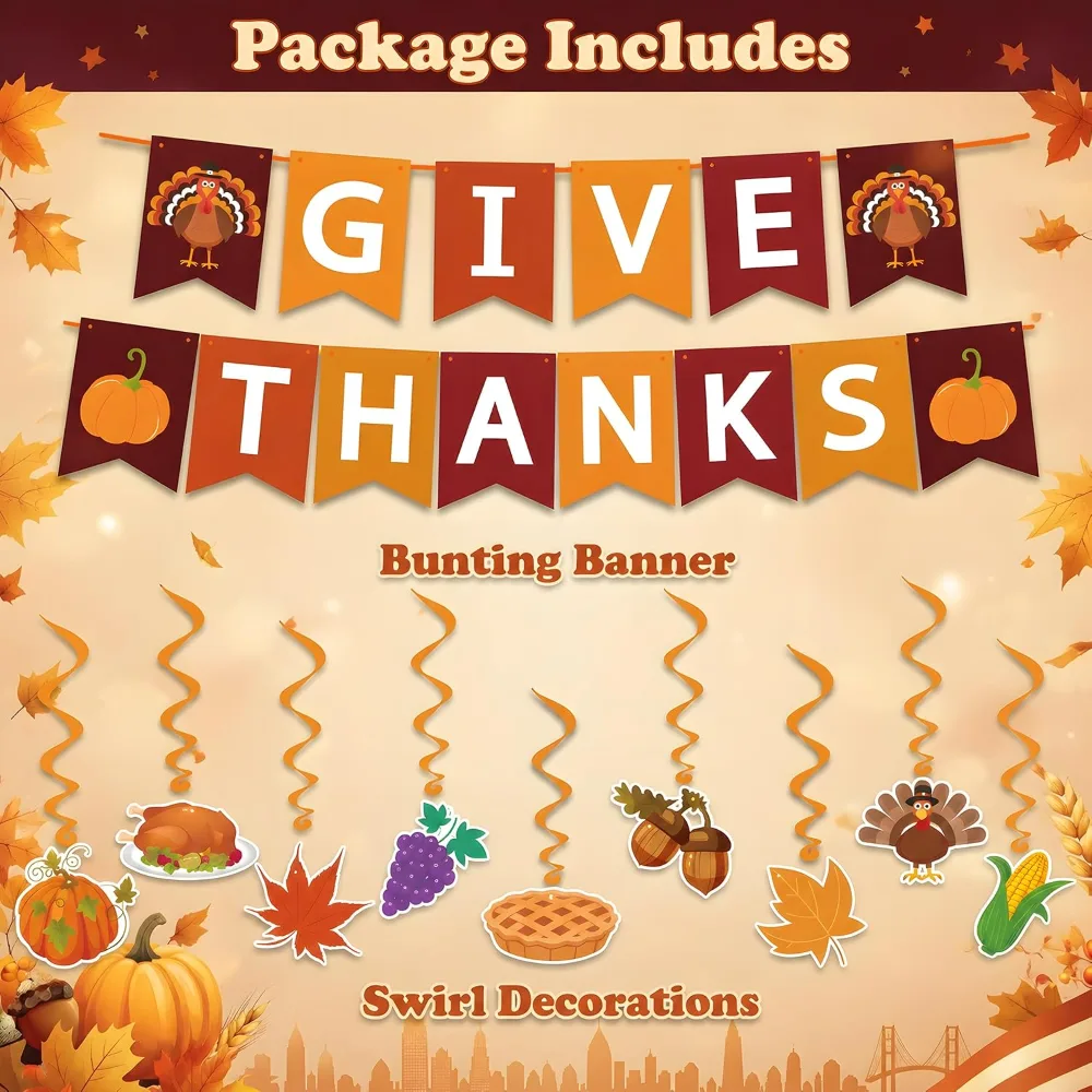 Thanksgiving Decorations GIVE THANKS Banner Turkey Pumpkin, view 2