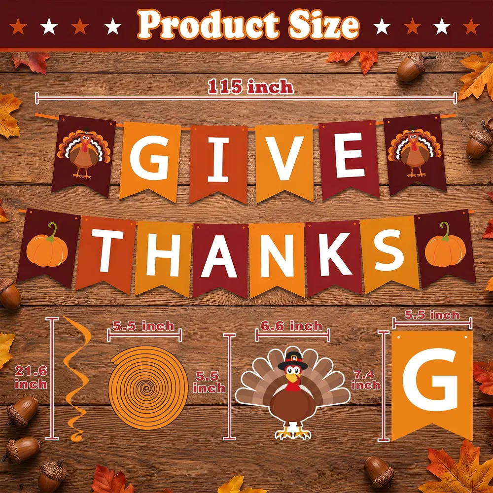 Thanksgiving Decorations GIVE THANKS Banner Turkey Pumpkin, view 3