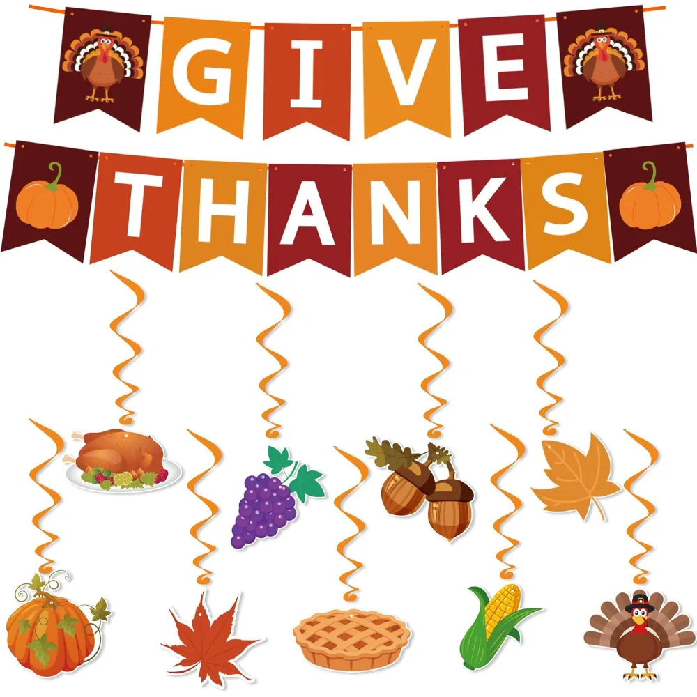Thanksgiving Decorations GIVE THANKS Banner Turkey Pumpkin