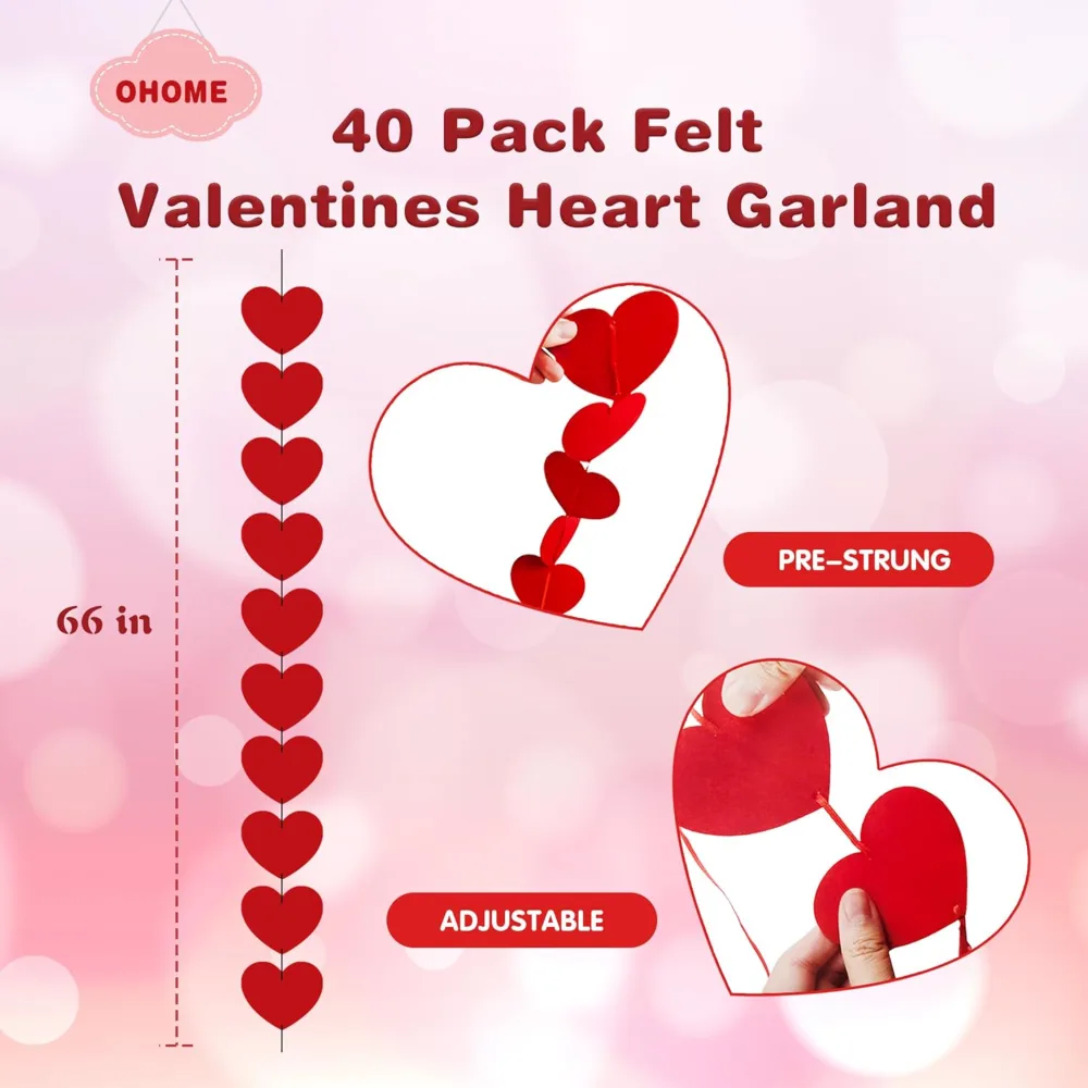 Valentines Day Decorations 40 Pack Red Felt Heart Hanging, view 2