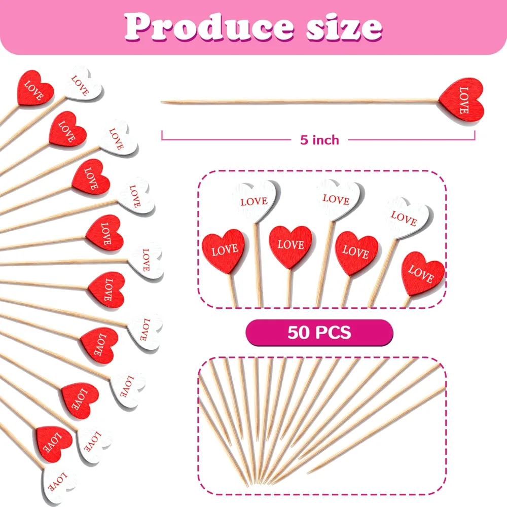Valentines Day Decorations 50 PCS Heart Cocktail Picks, view 2