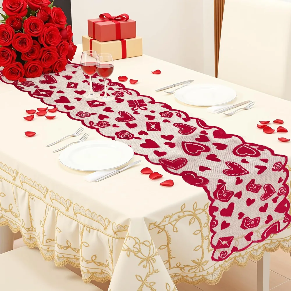 Valentines Day Decorations Red Lace Table Runner, view 3