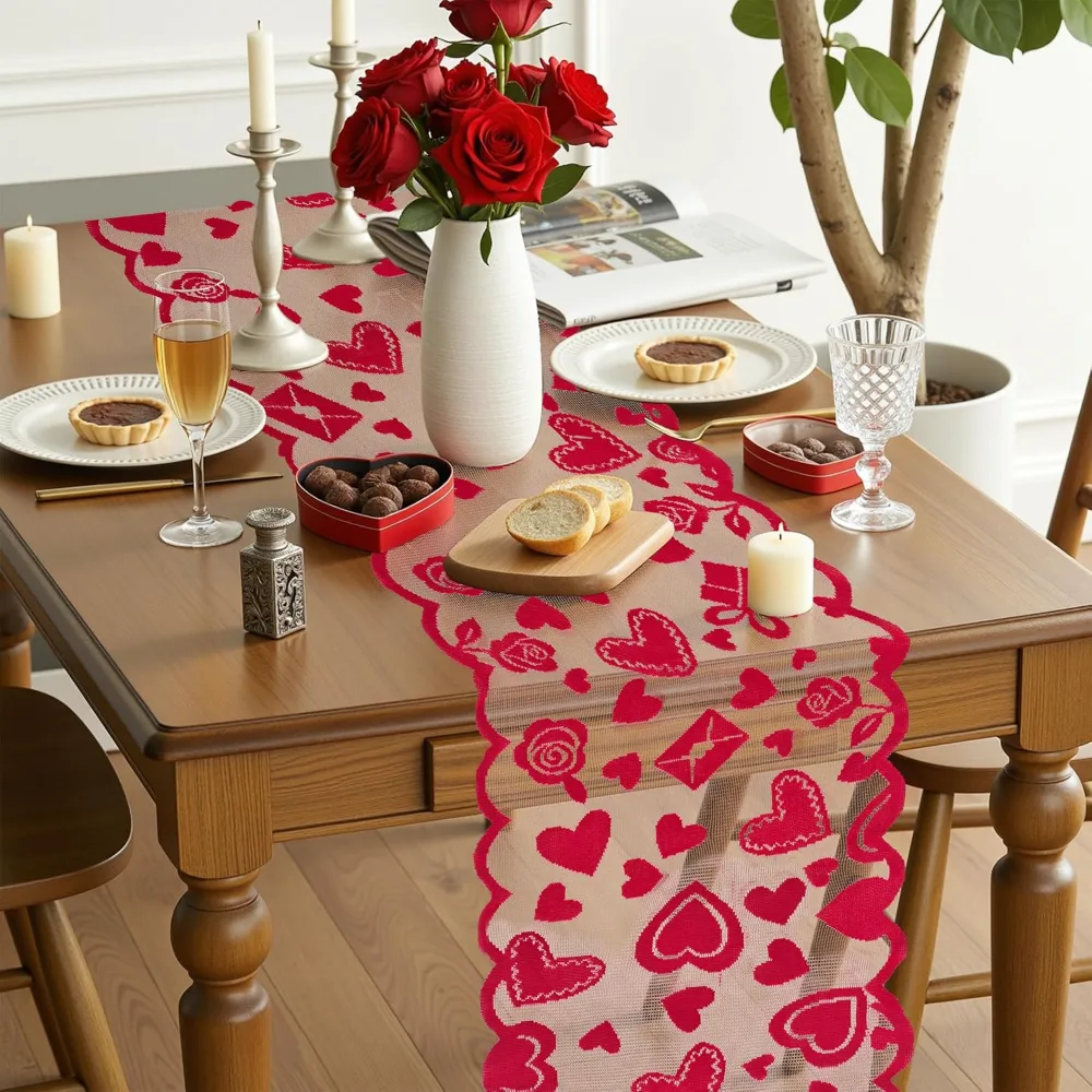 Valentines Day Decorations Red Lace Table Runner, view 5