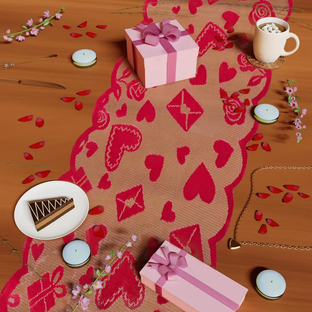 Valentines Day Decorations Red Lace Table Runner, view 6