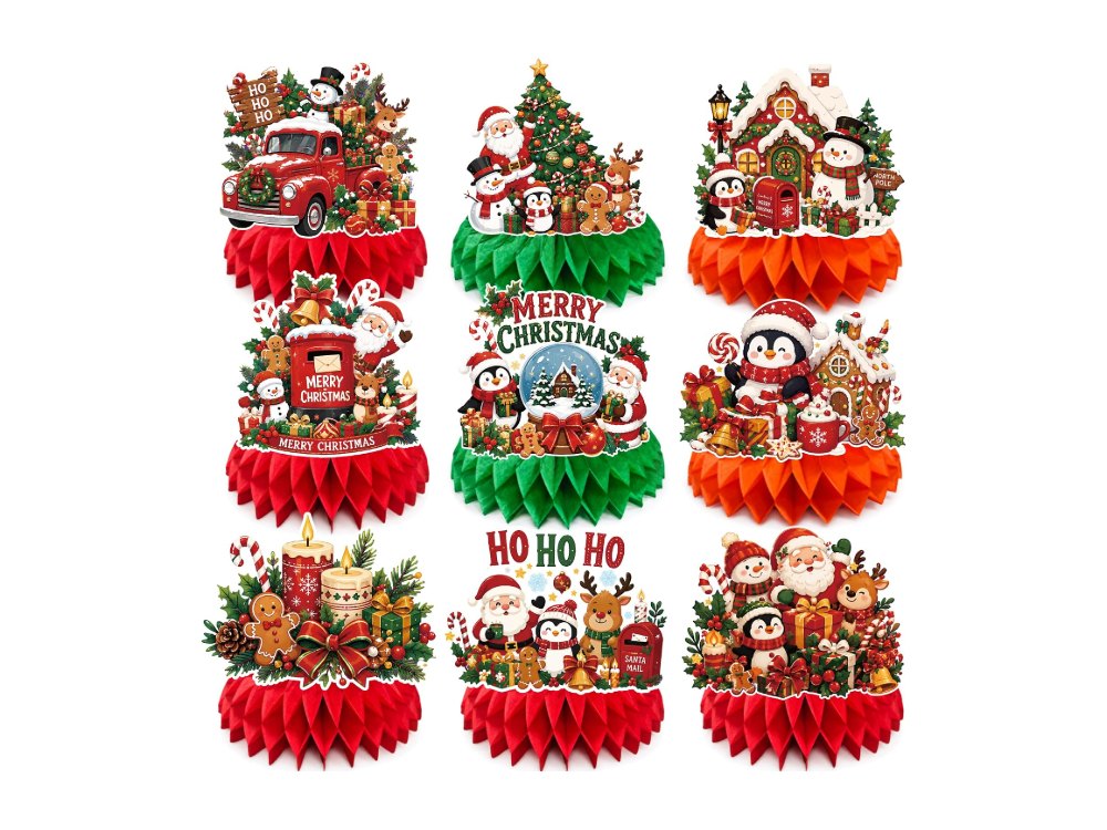 Christmas Decorations 9 PCS Santa Snowman Reindeer Honeycomb