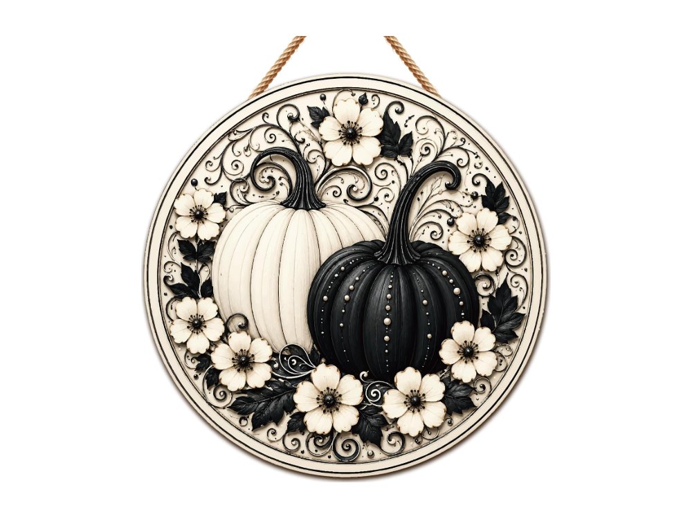 Fall Decor Black and White Pumpkin Wreath Door Sign for Front