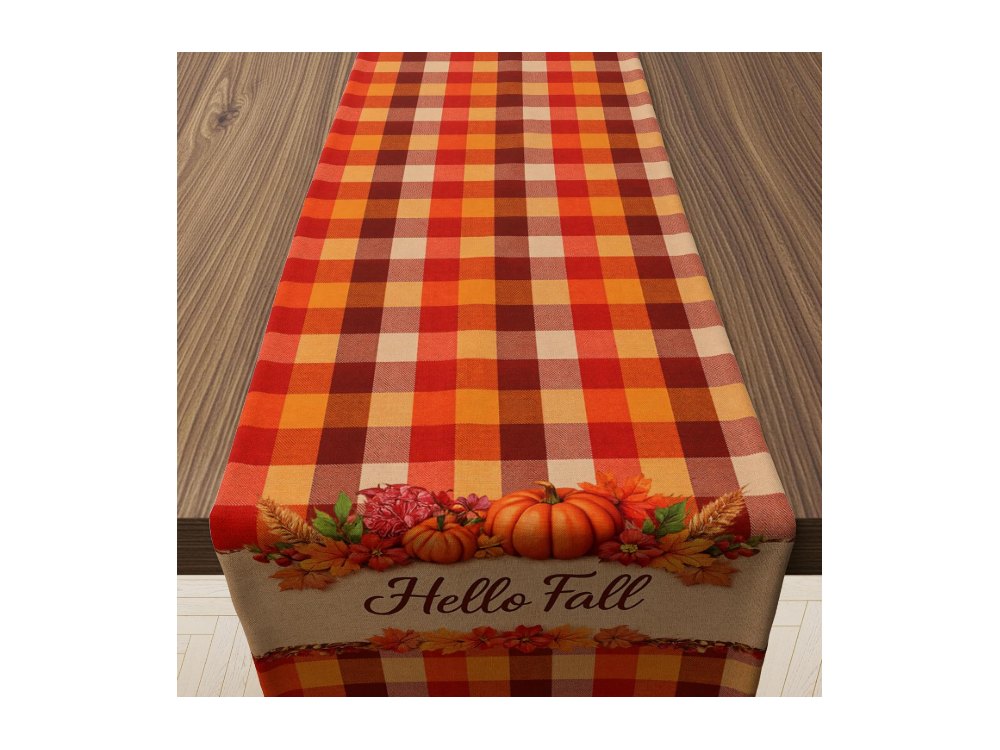 Fall Decor Hello Fall Pumpkin Plaid Table Runner