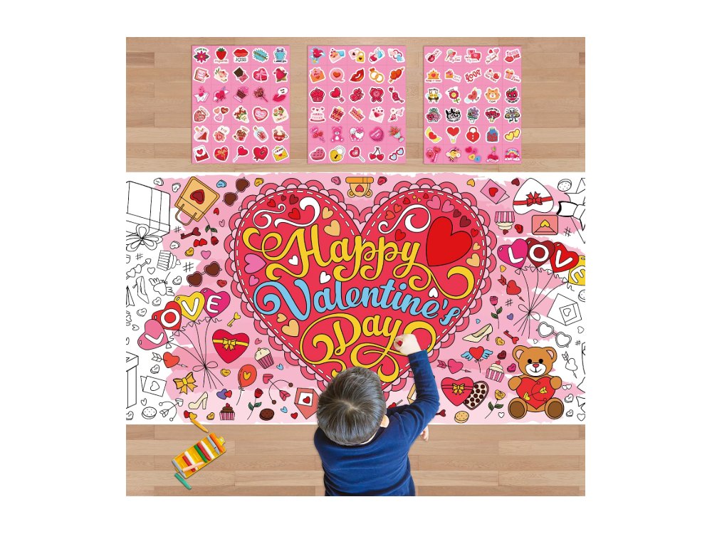 OHOME 91 PCS Valentine's Stickers with Giant Coloring Poster